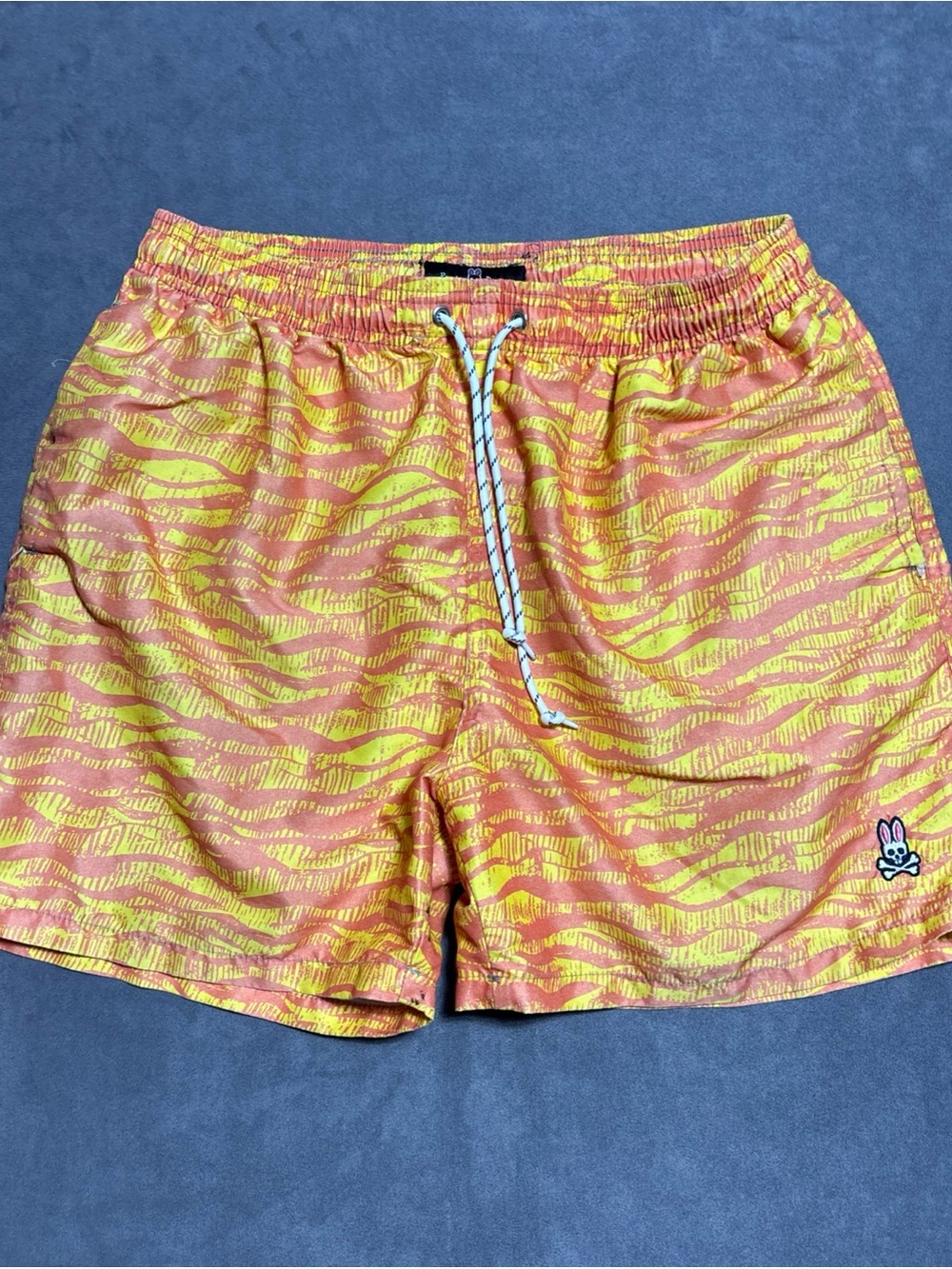 Psycho Bunny Yellow and Orange Wave Print Swim Trunks